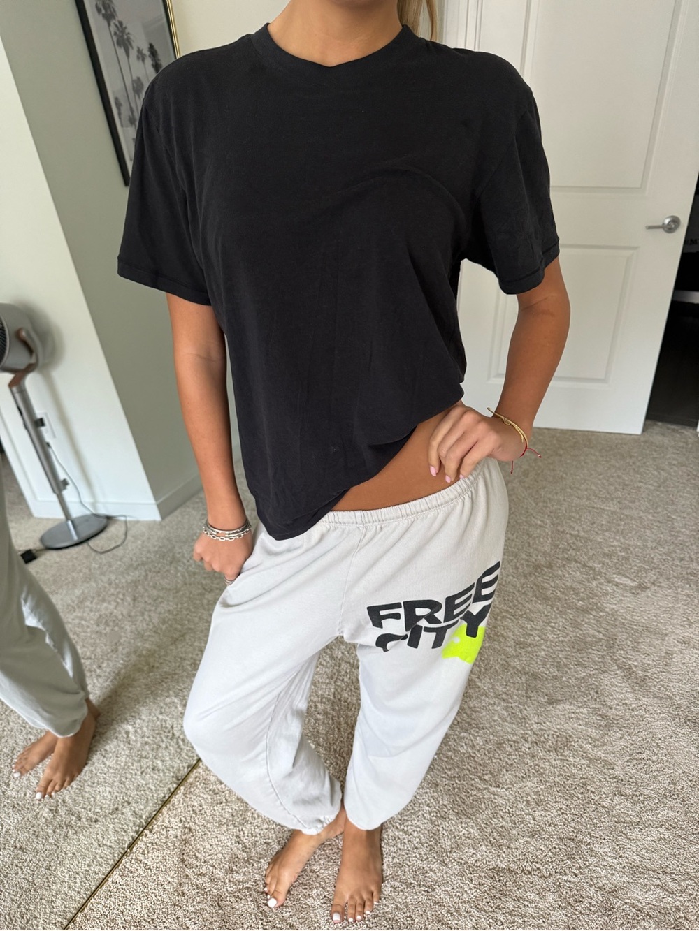 freecity Cream Sweatpants with Neon Yellow Logo